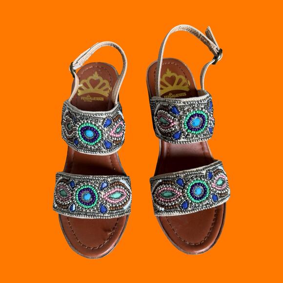 00's vintage faux wooden boho beaded y2k platform wedges Size 6 fergalicious - Picture 3 of 8